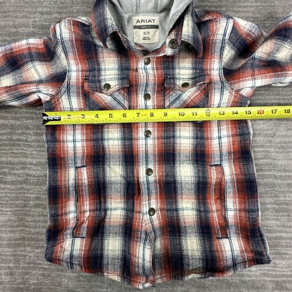 Ariat Retro Fit Hasslehoff Shacket Red Gray Plaid Flannel Hooded Jacket Kids XS - Picture 4 of 12